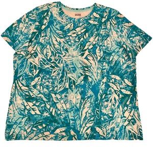 Basic Editions Blue/Green & White Palm Leaf Stretch Cotton Short Sleeve Size XL